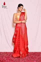 Red Mushru Satin Banarasi Handloom Saree With Silver Boota